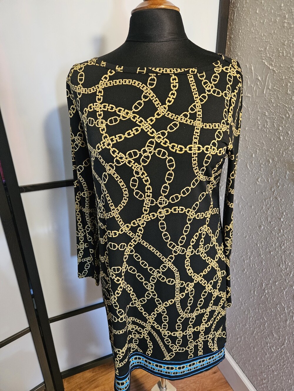 Michael Kors Chain Print Dress Long Sleeve Gold Accents Brown Dress NWTs